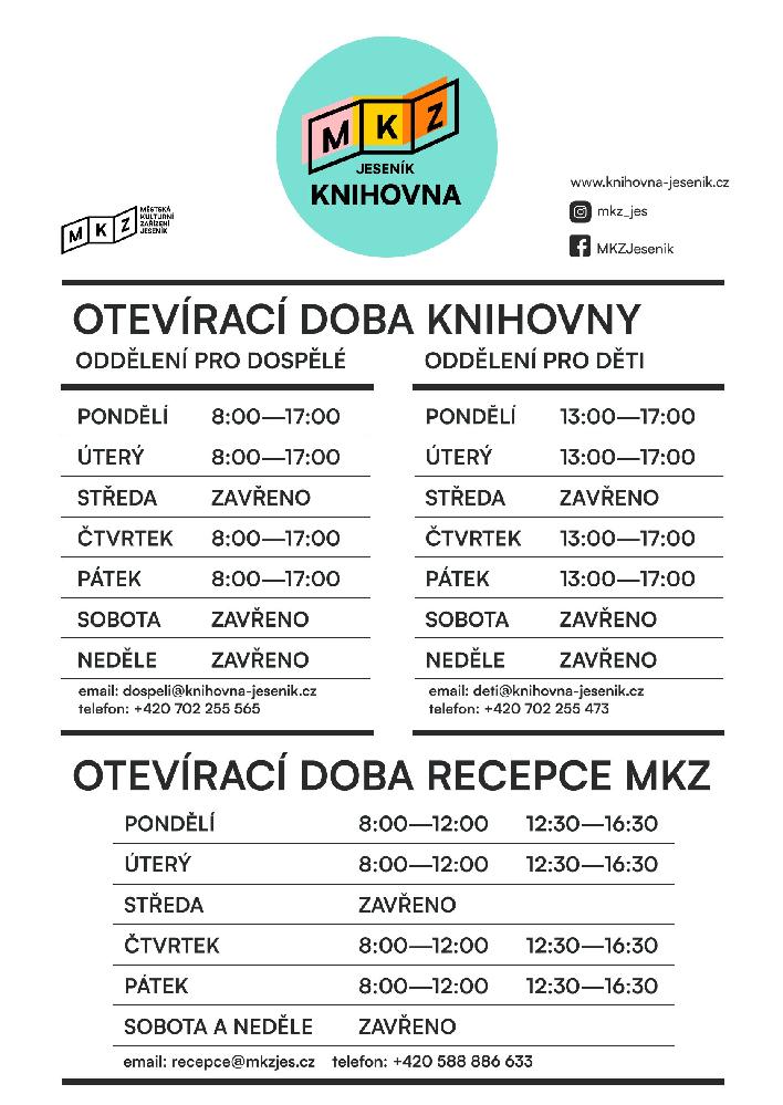 NOVÁ OTEVÍRACÍ DOBA KNIHOVNY VINCENCE PRIESSNITZE A RECEPCE MKZ (od 5. ledna 2026)