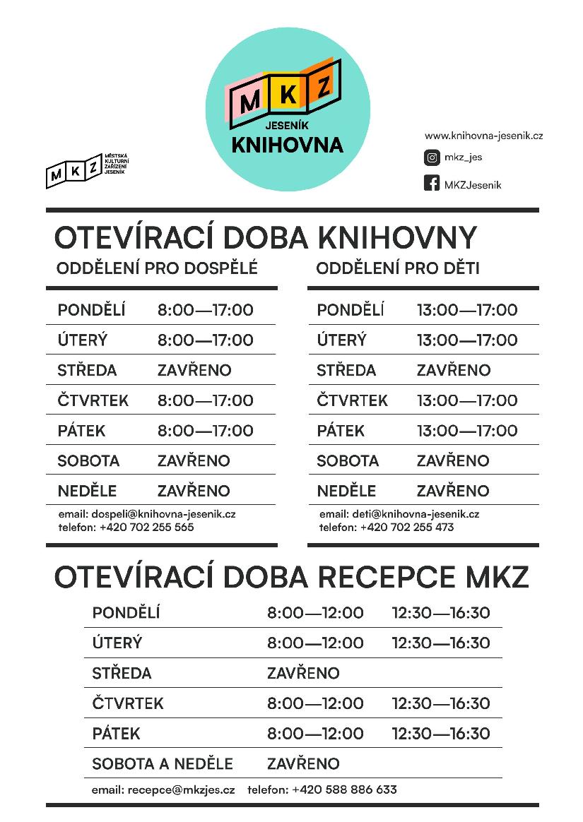 NOVÁ OTEVÍRACÍ DOBA KNIHOVNY VINCENCE PRIESSNITZE A RECEPCE MKZ (od 5. ledna 2026)